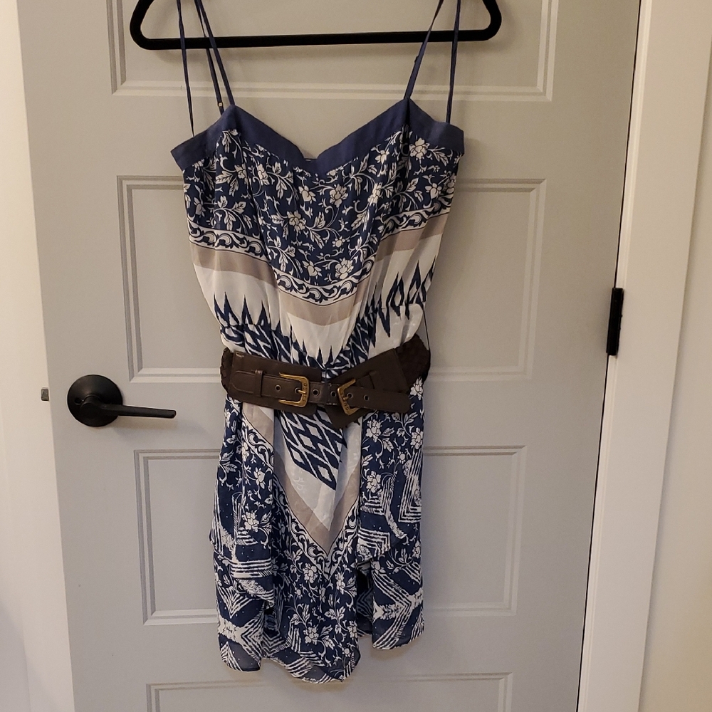 Guess Spagetti Strap Blue and White Hankerchief Mini Dress with Brown Belt